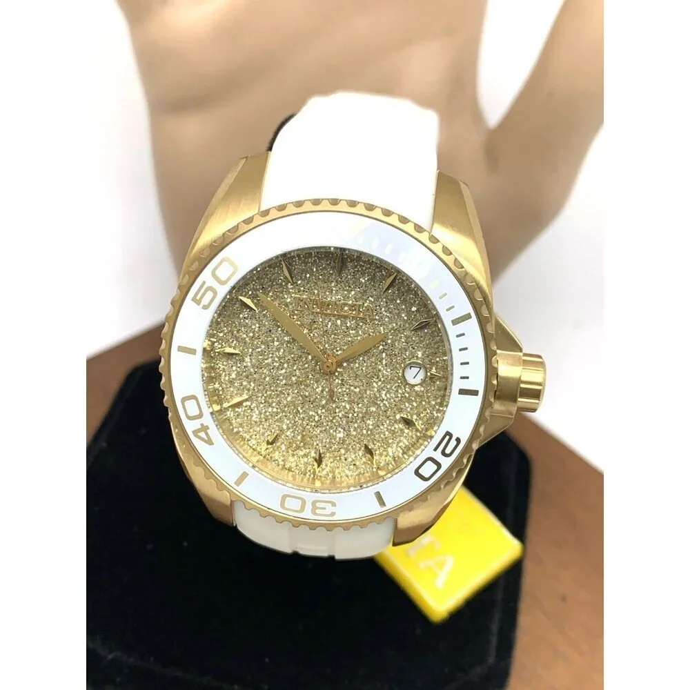 Invicta Women's Watch 22703 Angel Round Analog Date Gold Tone White Rubber Strap